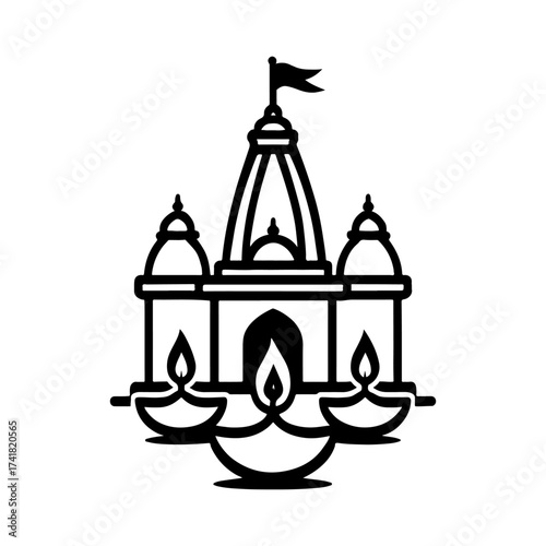 Traditional indian temple with diya lamps illustration