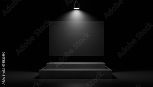 Minimalist blank canvas on a podium stage with spotlight in a dark room creates a sleek and modern look