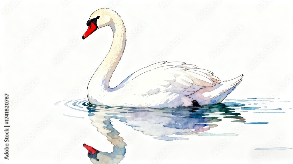 Fototapeta premium Swan Swimming on Water (Suitable for fairy tale illustrations, elegant lake - themed decor)