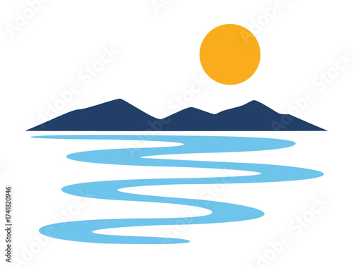Landscape silhouette showing mountains and river with setting sun for travel, nature, or outdoor activity design
