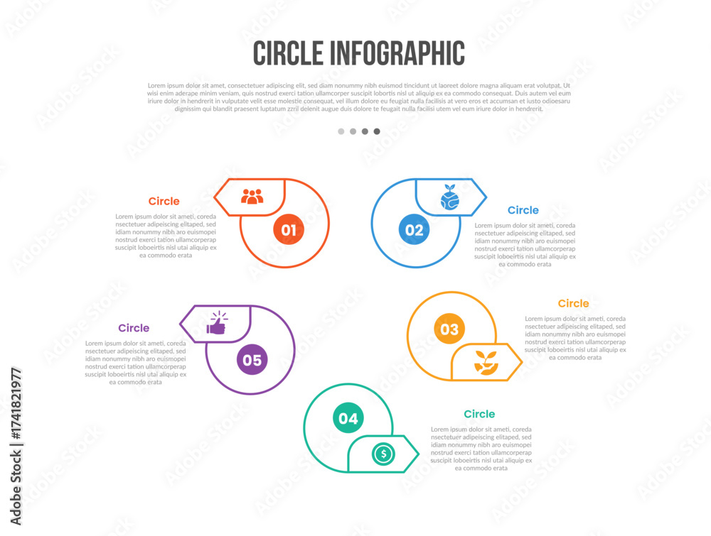 Fototapeta premium Circle base shape infographics template diagram with circular circle with arrow badge top side with 5 point step creative simple flat outline