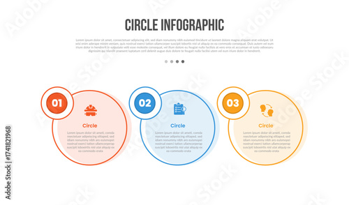 Circle base shape infographics template diagram with big circle and small badge on top side with 3 point step creative simple flat outline