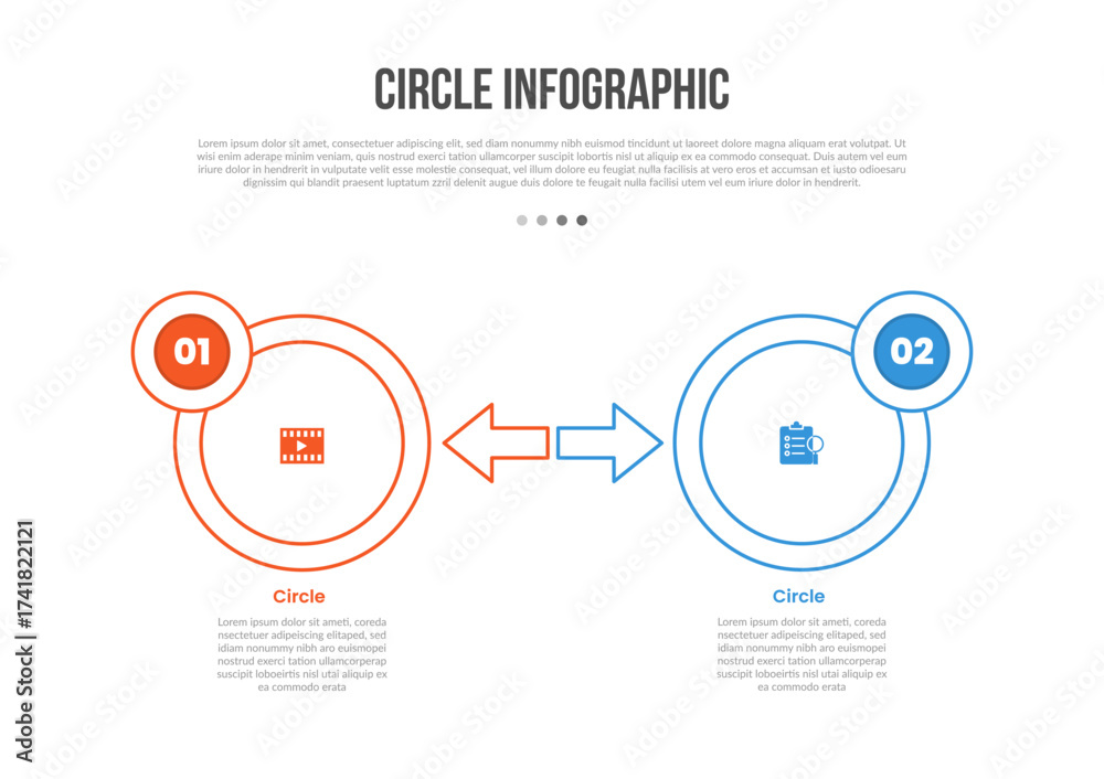 Naklejka premium Circle base shape infographics template diagram with arrow and circle badge opposite direction with 2 point step creative simple flat outline