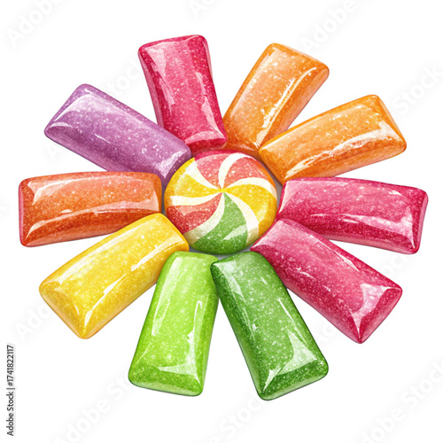 Colorful candy assortment with classic hard candies and chewy rectangles, perfect for sweet treats, celebrations, and nostalgic memories in vibrant hues