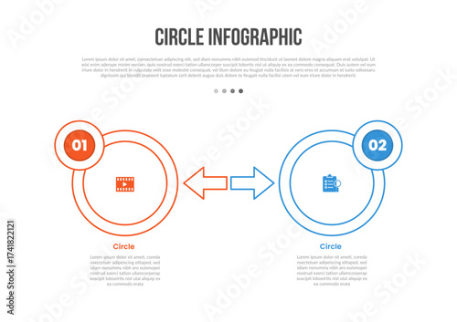 Circle base shape infographics template diagram with arrow and circle badge opposite direction with 2 point step creative simple flat outline