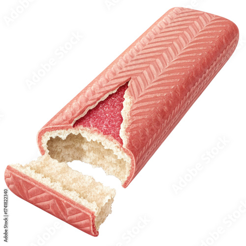 Indulge in the delightful texture of a bitten strawberry candy bar revealing its soft creamy center and crisp outer shell