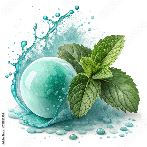 Refreshing mint splash surrounds vibrant aqua sphere with dew drops, symbolizing freshness, energy, and natural purity for health and wellness marketing.