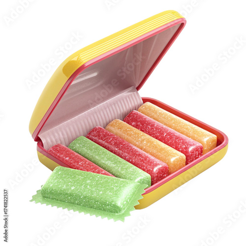 Bright yellow tin holds vibrant sour gummy sticks in red, green, and orange, one unwrapped piece sits ready to enjoy