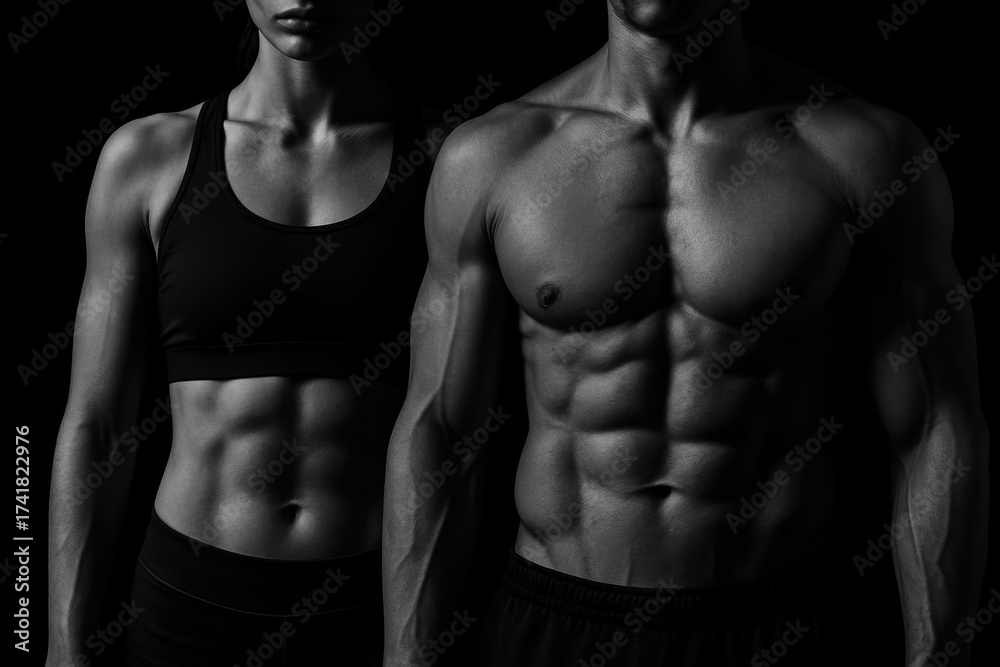 Fototapeta premium Studio lit athletic male and female torsos defined muscles on deep black background