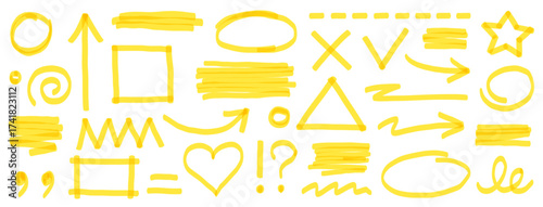 Highlight marker pen element set. Yellow color marker and brush stroke with highlight underline, check arrow and round circle. Doodle texture sketch shapes in school art style. Vector illustration