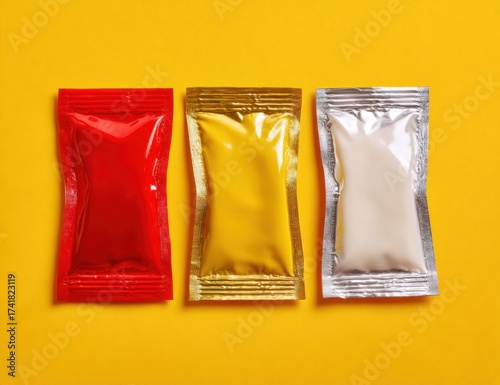 Three colorful condiment sauce packets in red, yellow, and silver on a bright yellow