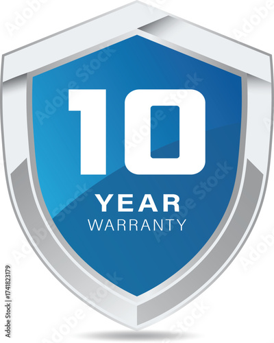 Vector design illustration of a silver metal shield with a 10-year warranty in blue. 10-year warranty logo.