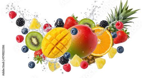 Vibrant assortment of fresh tropical fruits splashing in water for a refreshing healthy lifestyle