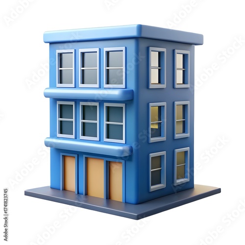 3D Blue Cartoon Building with Yellow Doors illustration