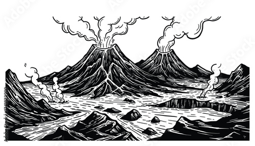 Volcanic landscape erupting volcanoes vector illustration