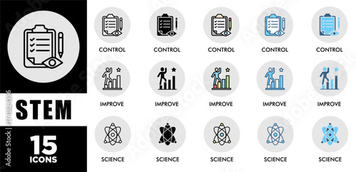 STEM icon set with various styles and colors of corporate sustainability performance for investment screening	
