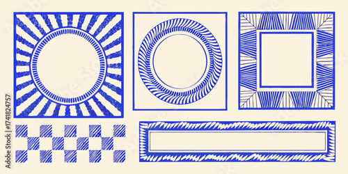 Collection of hand drawn blue decorative frames and borders with geometric patterns