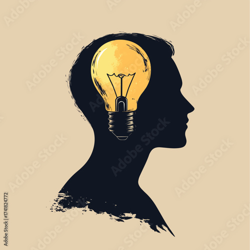 Person Silhouette with Lightbulb Inside Head Showing Idea , vector style simple color