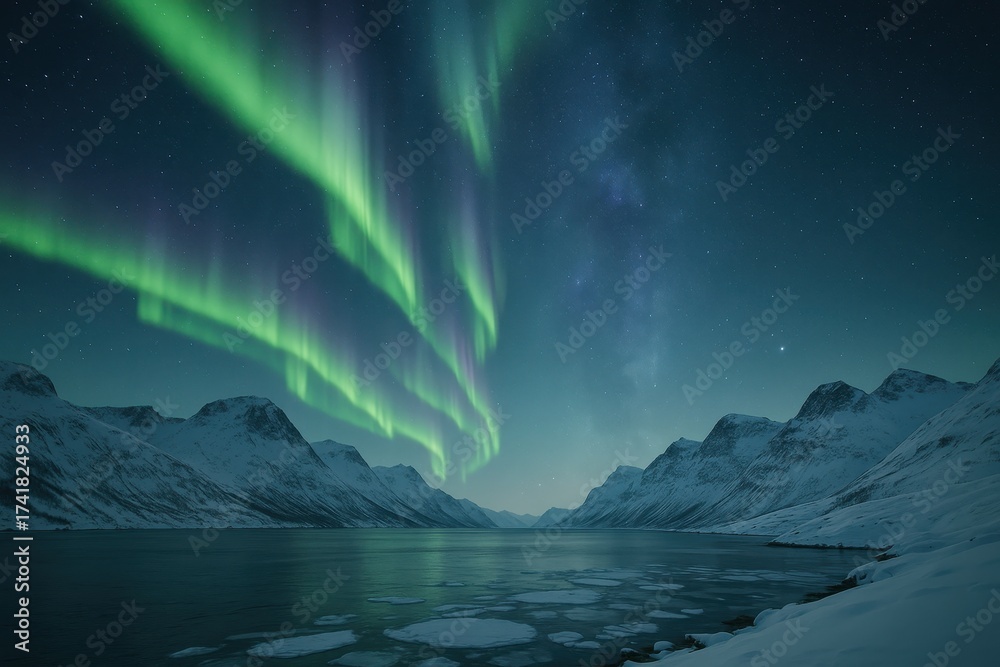 Fototapeta premium Ethereal aurora dances above frozen fjords beneath a crystalline winter night sky