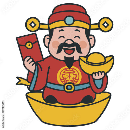 Cute Cartoon chinese Style God of Wealth Holding Gold Ingot Illustration