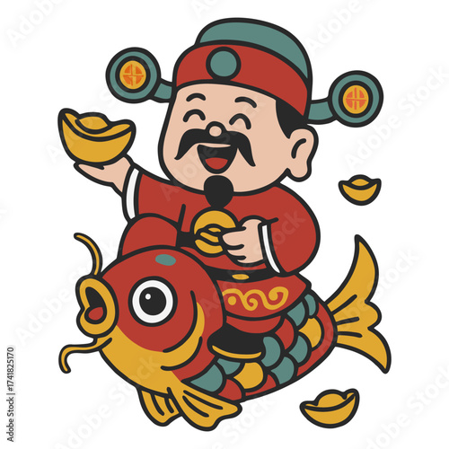 Cute Cartoon Style God of Wealth Riding a Carp Illustration
