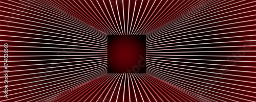 Red neon tunnel with glowing light streaks converging toward black center - futuristic speed lines in perspective illusion, cyberpunk corridor effect for gaming background, technology presentation