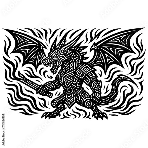 Fierce Tribal Dragon Warrior with Wings Black and White Tattoo Design