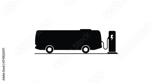 Silhouette of a modern electric bus charging at a futuristic charging station symbolizing green transportation and sustainable energy future.