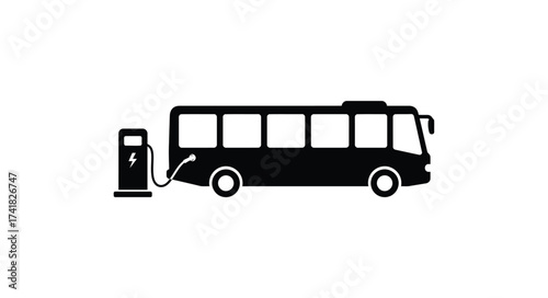 Silhouette of a long passenger bus at a fuel station icon representing transportation and refueling services clean energy concept
