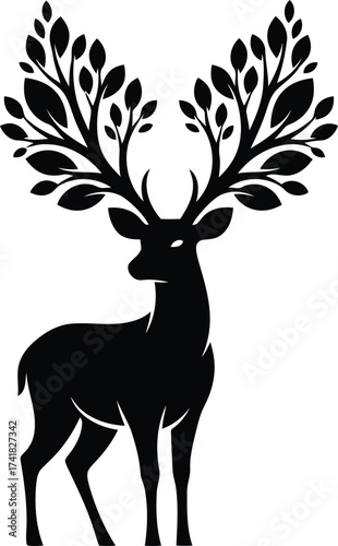 Stylized Black Silhouette of a Deer with Leafy Antlers on White Background leaves branches