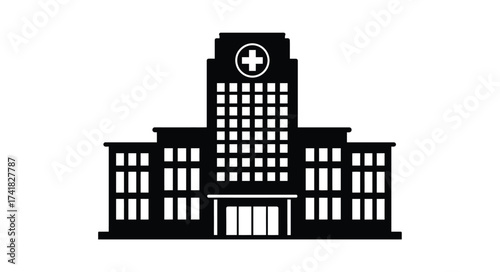 Modern hospital building silhouette with medical cross symbol representing healthcare services and wellness