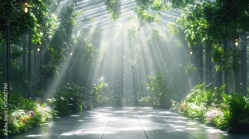 Sunbeams stream through the lush greenery of a sunlit botanical garden conservatory.