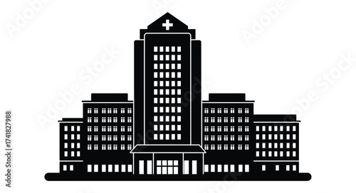 Modern hospital building silhouette with a cross symbol icon medical health care architecture facade
