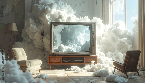 Surreal Interior Scene with Vintage TV, Clouds, and Furniture, Dreamy Atmosphere