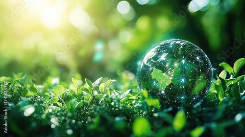 A crystal globe reflecting the lush green earth rests on a bed of vibrant green leaves, bathed in warm sunlight.
