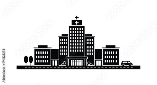 Modern hospital building facade with medical cross symbol and ambulance service ready for emergency care