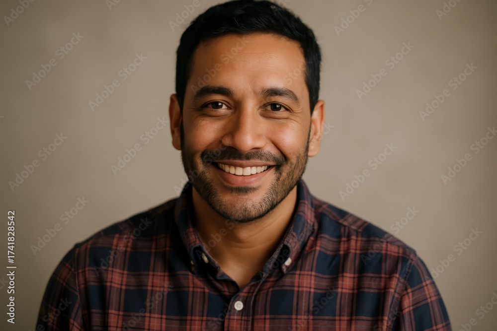 Obraz premium Confident young man in plaid smiling warmly against soft studio light with clean backdrop