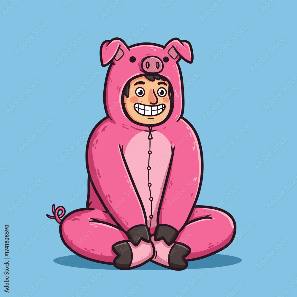 Fototapeta premium Smiling person in pink pig costume sitting cross-legged, hands clasped, playful expression on light blue background.