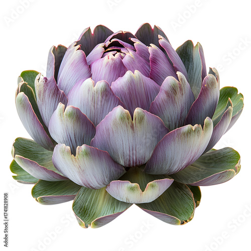 Close up of a single fresh purple artichoke flower bud with layered petals and green leaves isolated on transparent background