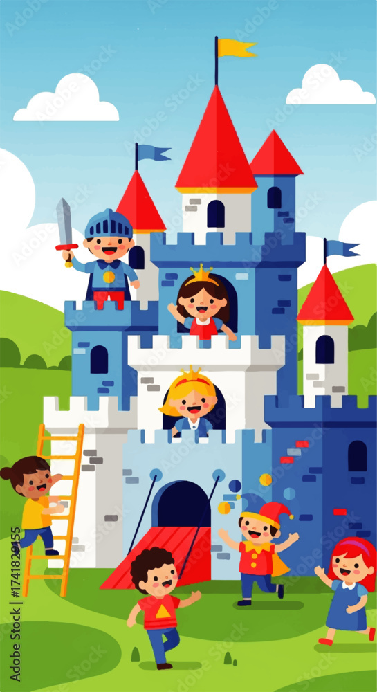 Fototapeta premium Cartoon Children Playing Around a Majestic Blue Castle.