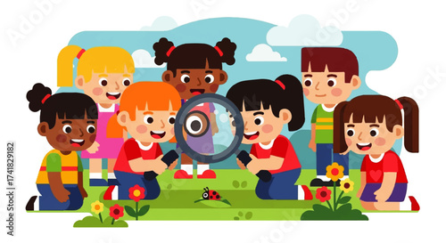 Diverse Children Discovering Nature with Magnifying Glass.