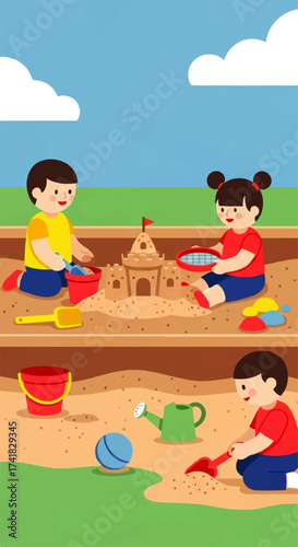 Children Playing Joyfully in a Sandbox.