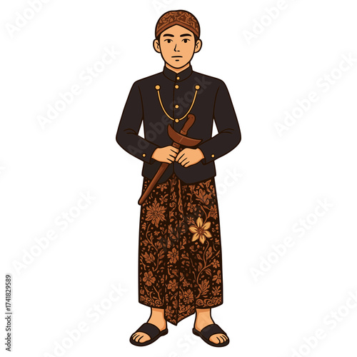 Detailed Illustration of Javanese Traditional Attire Man Holding Keris Weapon