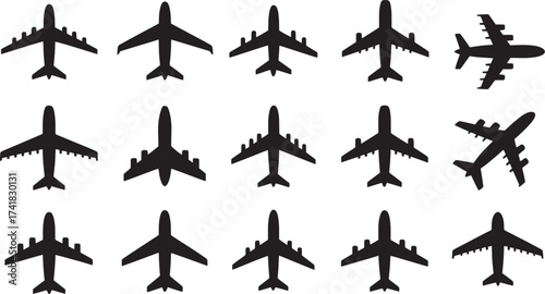 Vector Silhouette Collection of Commercial Airliner and Passenger Aircraft Icons Diverse Set of Airplanes from Above Featuring Travel, Flight, and Aviation Symbols