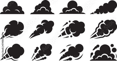 Vector Icon Set of Dynamic Black Smoke Clouds, Dust Trails, and Explosion Vapors Cartoon Graphic Collection Featuring Speed Lines and Steam Effects for Design Elements