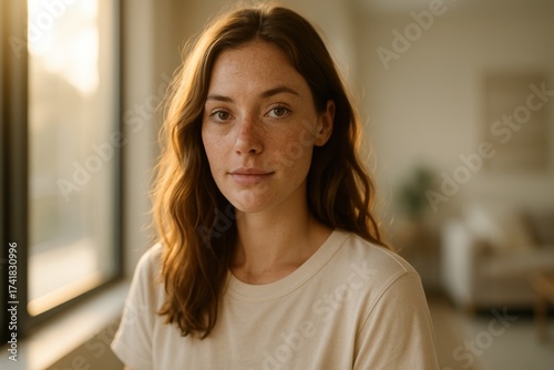 Free Download Sunlit freckled woman by window soft shadows and warm glow serene candid moment - GFXLoad