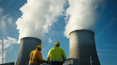 Industrial workers inspecting nuclear power plant cooling towers energy sector photography urban environment low angle renewable energy
