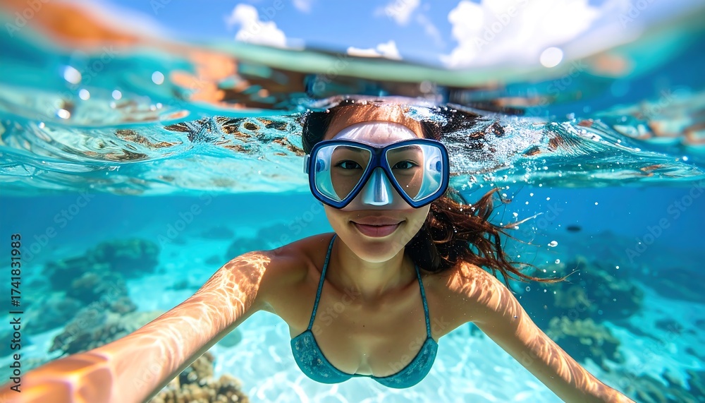Fototapeta premium Underwater selfie of woman snorkeling in tropical ocean waters