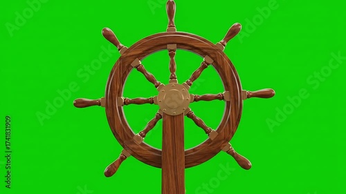 Classic wooden ship's wheel steering control on green screen background