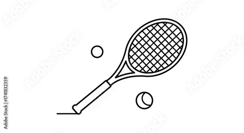 Simple line drawing of a tennis racket and two balls representing the sport of tennis